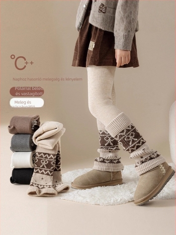 Koreai stílusú vastag bélelt fleeces leggings zoknikkal, lányoknak, ősz-tél