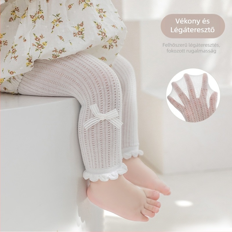 Újszülött lányoknak, nyári ultra vékony hálószövetes leggings díszítésként masnival és csipkével, bokáig érő