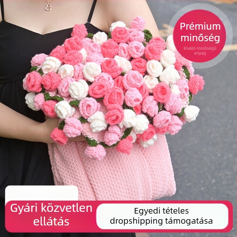 Rózsa‑csokrot ábrázoló kötött takaró, kézzel készült ajándék lányoknak, kanapéra és fotózáshoz