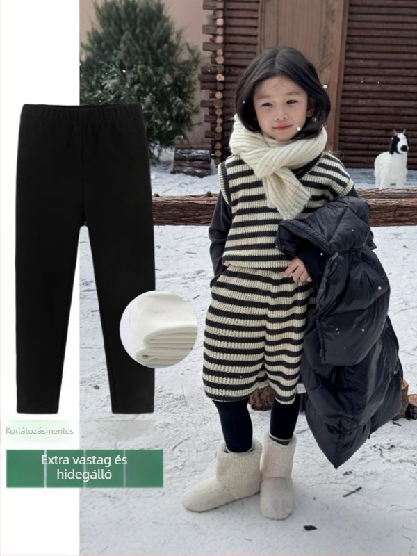 Gyerekeknek szóló fleece-bevonatú leggings, koreai stílus, 100% pamut, középmagas derekú, puha felület