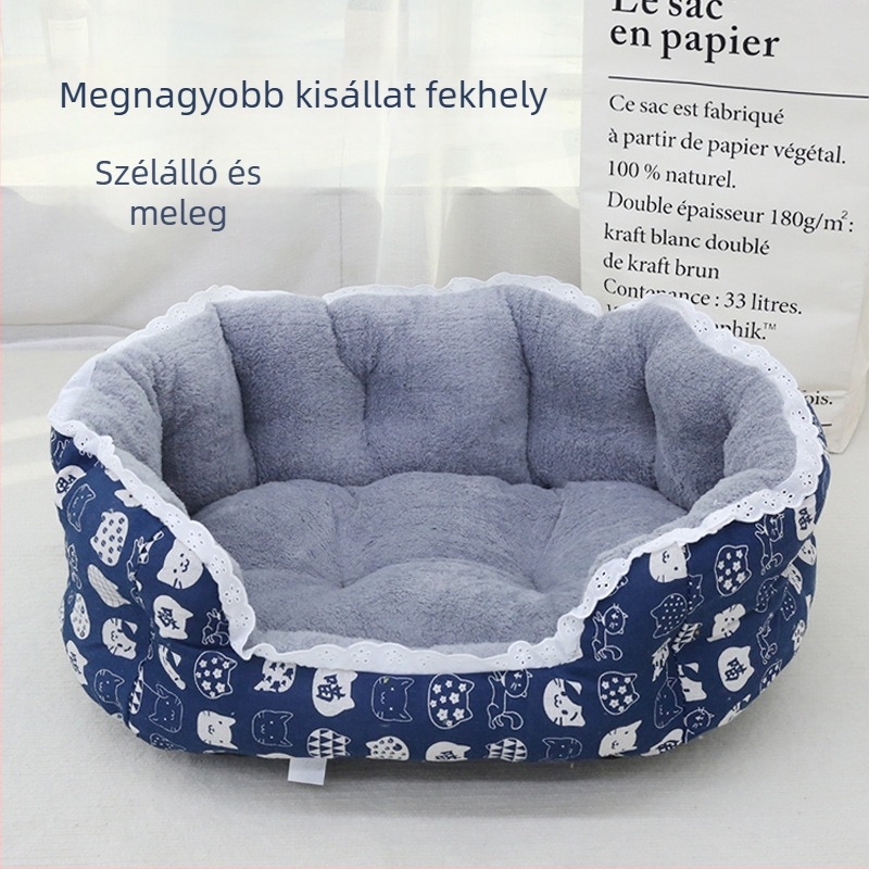 Felfelé emelt, szélvédett állatágy kutyáknak és macskáknak, meleg, nagy csipkés macskafészek