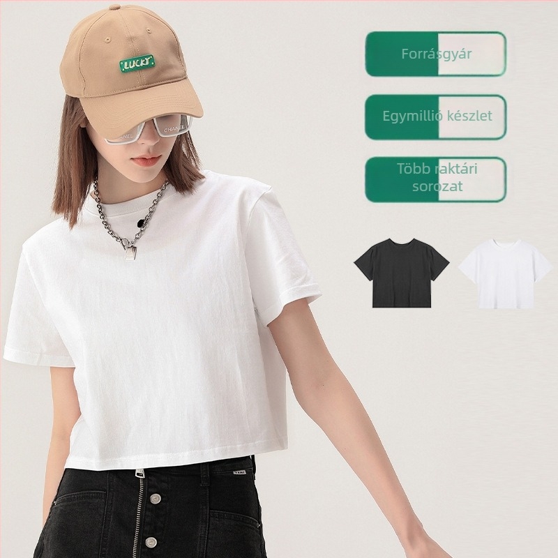 Youbaiyi koreai stílusú crop póló, kapucnival, 95% pamut, rövid ujjú, egyszínű, sál-gallér, nyár 2025