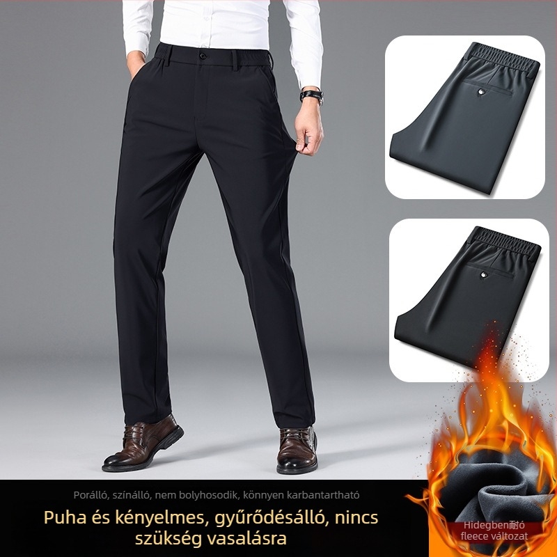 Férfi téli kényelmes nadrág fleece-belésű, elasztikus nylon anyag, egyenes szabás, cipzár, alacsony derék