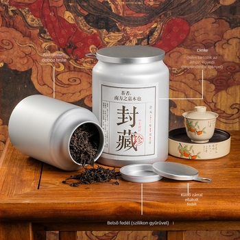 Tea tároló kanna nedvességzáró fedéllel; kompozit alumíniumfólia anyag; offset nyomtatásos dizájn; kapacitás 0,5–5 kg