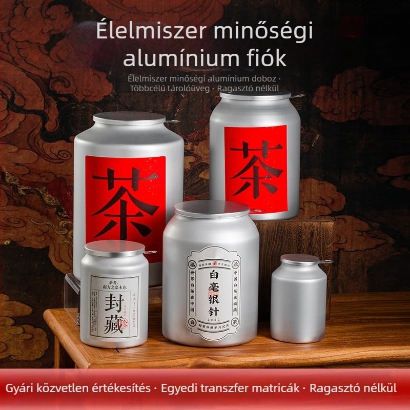 Tea tároló kanna nedvességzáró fedéllel; kompozit alumíniumfólia anyag; offset nyomtatásos dizájn; kapacitás 0,5–5 kg