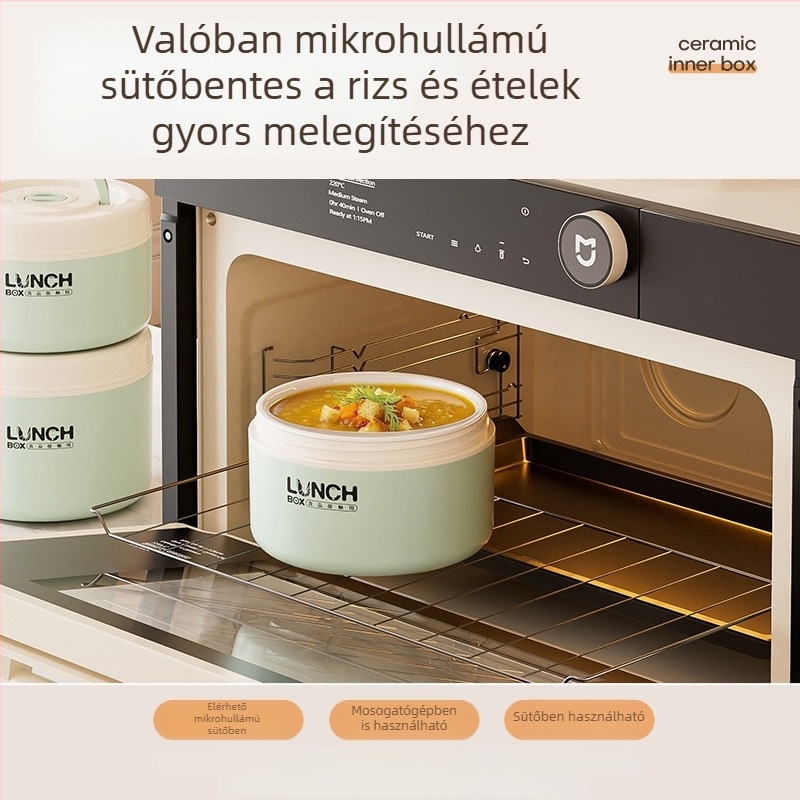 Kerámiás belsővel rendelkező hőszigetelt ebédhordó, mikrohullámú sütőben használható, kerek forma, négyrétegű kialakítás, 501–800 ml kapacitás