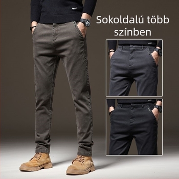 Férfi slim-fit nadrág üzleti casual stílusban, fleece-betétes twill anyagból, egyenes szabású, középmagas derekú, téli viselet