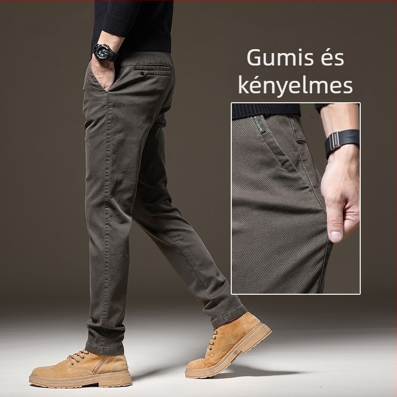 Férfi slim-fit nadrág üzleti casual stílusban, fleece-betétes twill anyagból, egyenes szabású, középmagas derekú, téli viselet