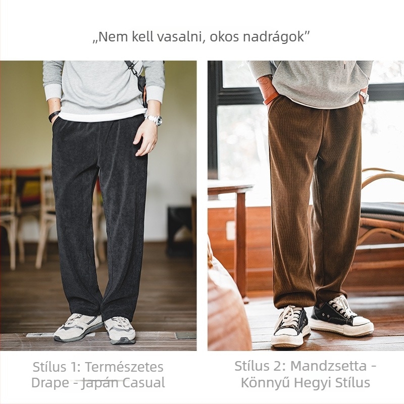Férfi casual nadrág corduroy anyagból, szűk szabás, középmagasságú derék, kötős zárás, mikroelasztik