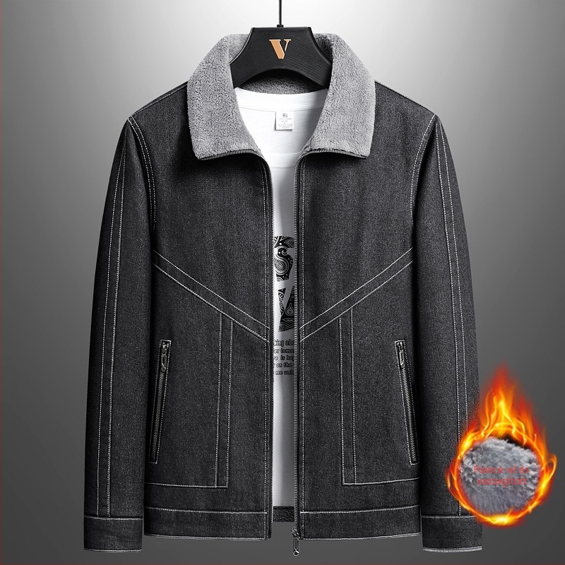 Férfi denim kabát fleece béléssel, vastag, reveres gallérral, cipzáras záródás, városi stílus