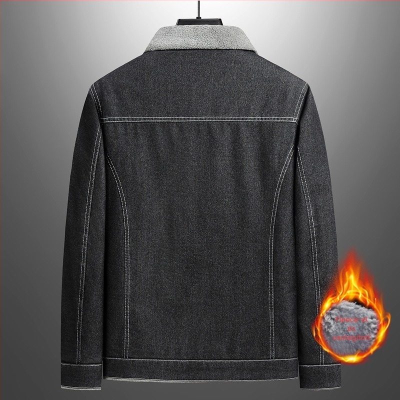 Férfi denim kabát fleece béléssel, vastag, reveres gallérral, cipzáras záródás, városi stílus