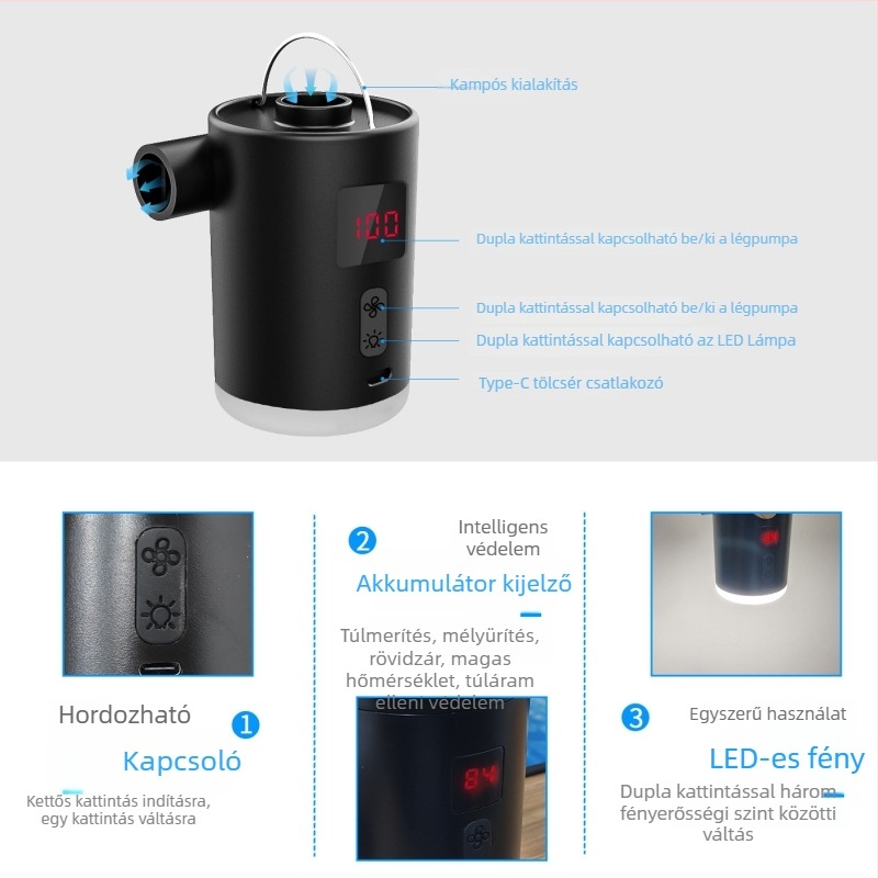 Digitális kijelzős, világító légpumpa — hordozható elektromos, kültéri használatra, felfújja légágyat, úszógyűrűt és légpárnát