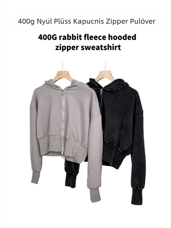 Női retro kapucnis kardigán cipzárral, laza szabás, rövid hossz 40–50 cm, 400 g rabbit-down keverék