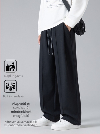 Férfi kollégiumi stílusú egyenes szabású nadrág, középmagas derekú, csíkos mintázat, poliészter-spandex anyag, légáteresztő