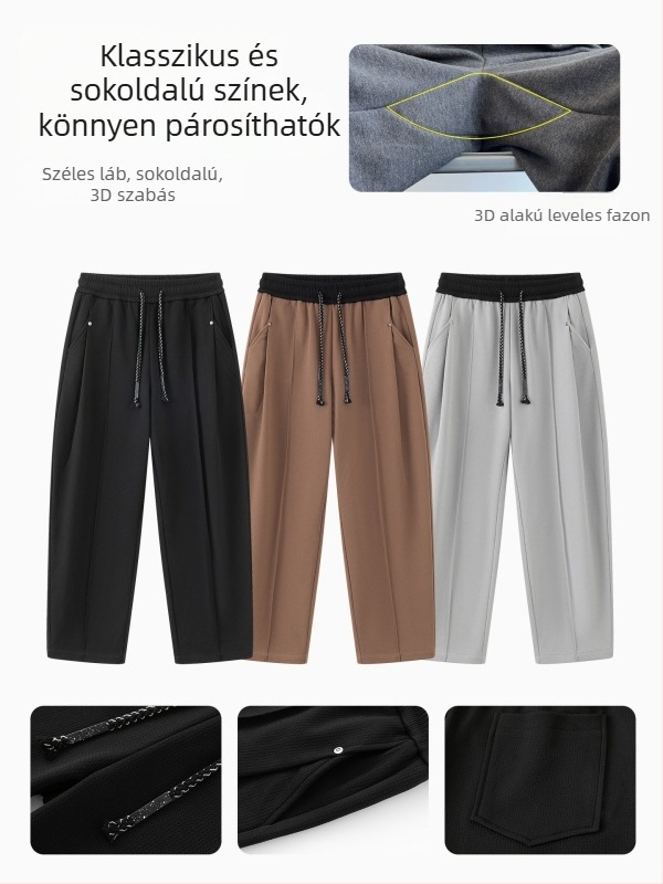 Férfi kollégiumi stílusú egyenes szabású nadrág, középmagas derekú, csíkos mintázat, poliészter-spandex anyag, légáteresztő