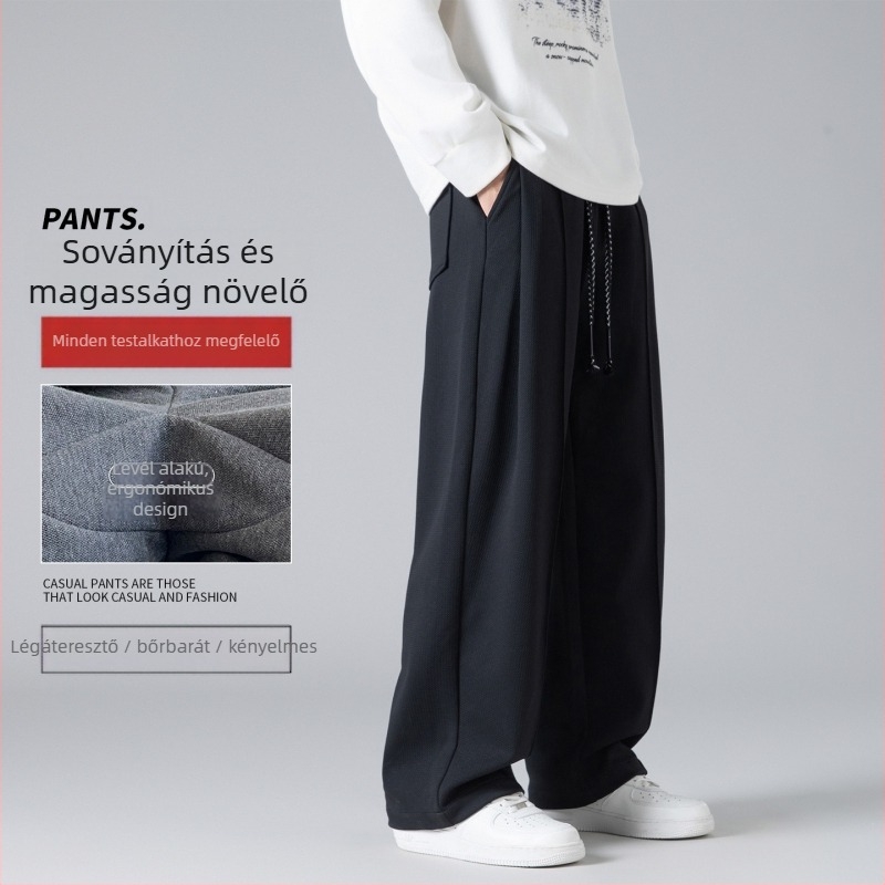 Férfi kollégiumi stílusú egyenes szabású nadrág, középmagas derekú, csíkos mintázat, poliészter-spandex anyag, légáteresztő
