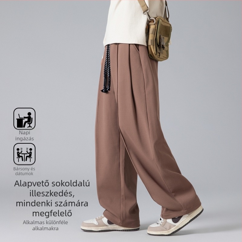 Férfi kollégiumi stílusú egyenes szabású nadrág, középmagas derekú, csíkos mintázat, poliészter-spandex anyag, légáteresztő