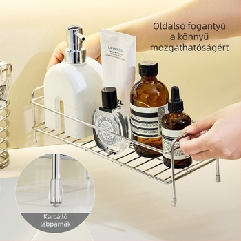 Minimalista fürdőszobai tárolópolc fogkefetartóval és leeresztő kosárral