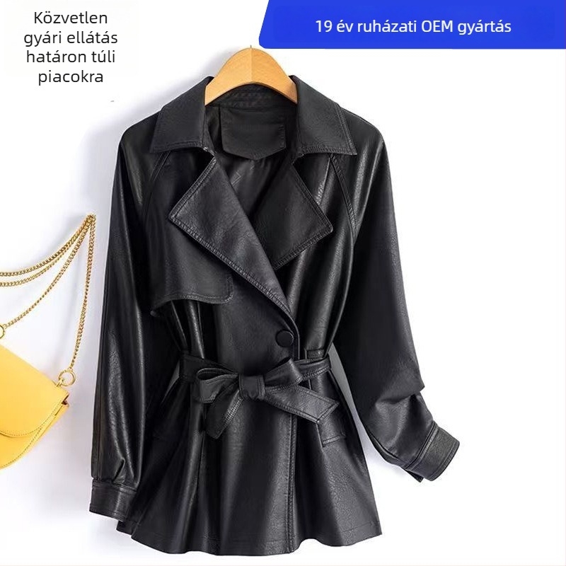 Női PU bőrdzseki középmagas hosszúságú, őszi casual stílus, dupla gombos, zakó-szerű gallér, hosszú ujjak, lazább szabás