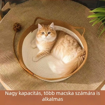 Minden évszakra szóló macskafészek, pamut–len szövésű, kör alakú pamutkötszer fészek, rattanhatású megjelenéssel, kényelmes és meleg