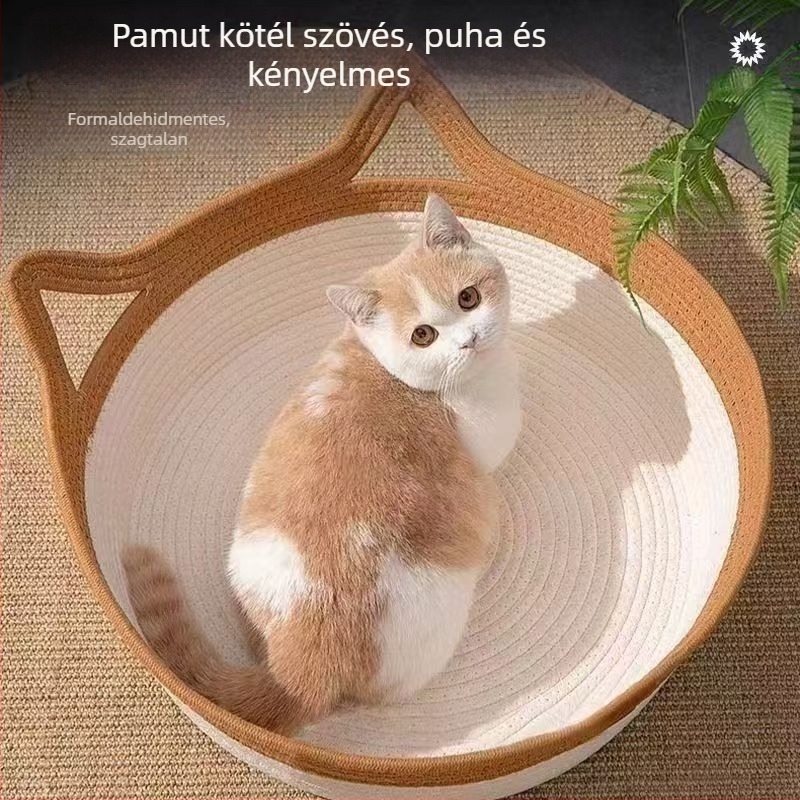 Minden évszakra szóló macskafészek, pamut–len szövésű, kör alakú pamutkötszer fészek, rattanhatású megjelenéssel, kényelmes és meleg
