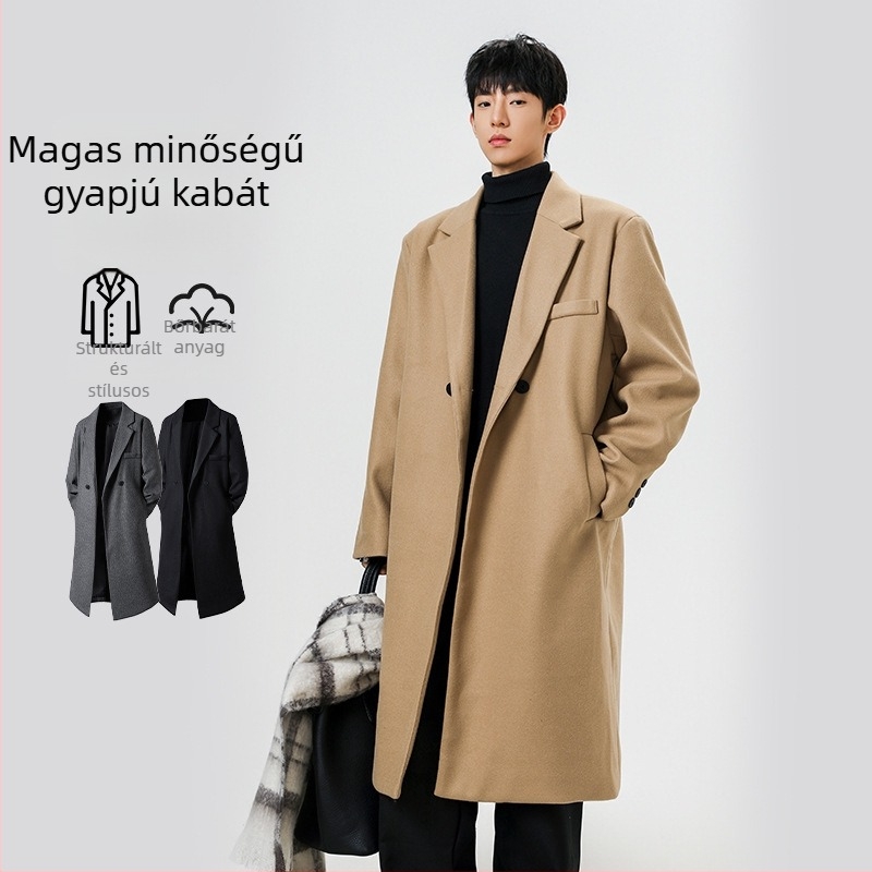 Hosszú férfi gyapjú kabát, 380 g téli, szabad szabású, J5278