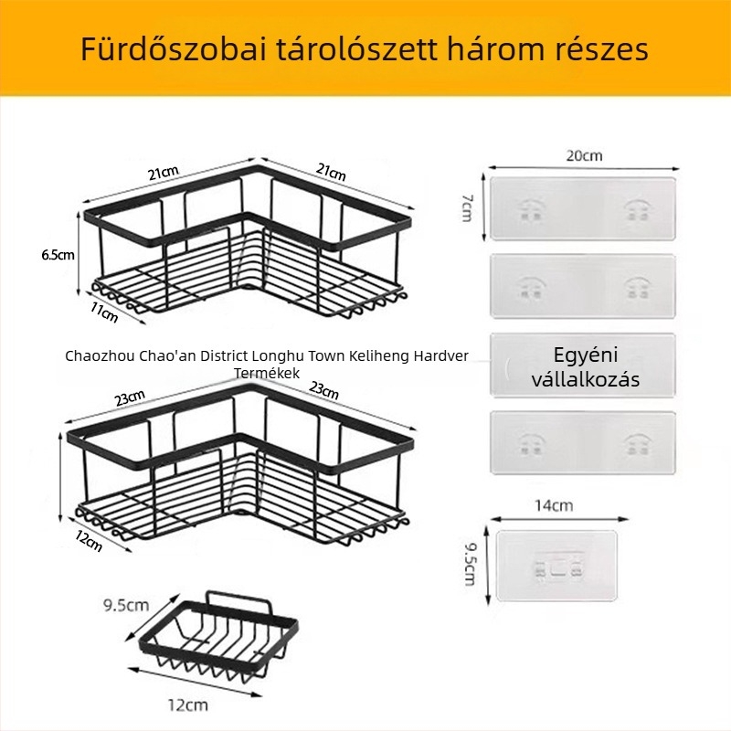 Fúrás nélküli háromrészes sarokfürdőszobai tároló, két szintes, vasból készült, 15 kg teherbírás, modern minimalista stílus.