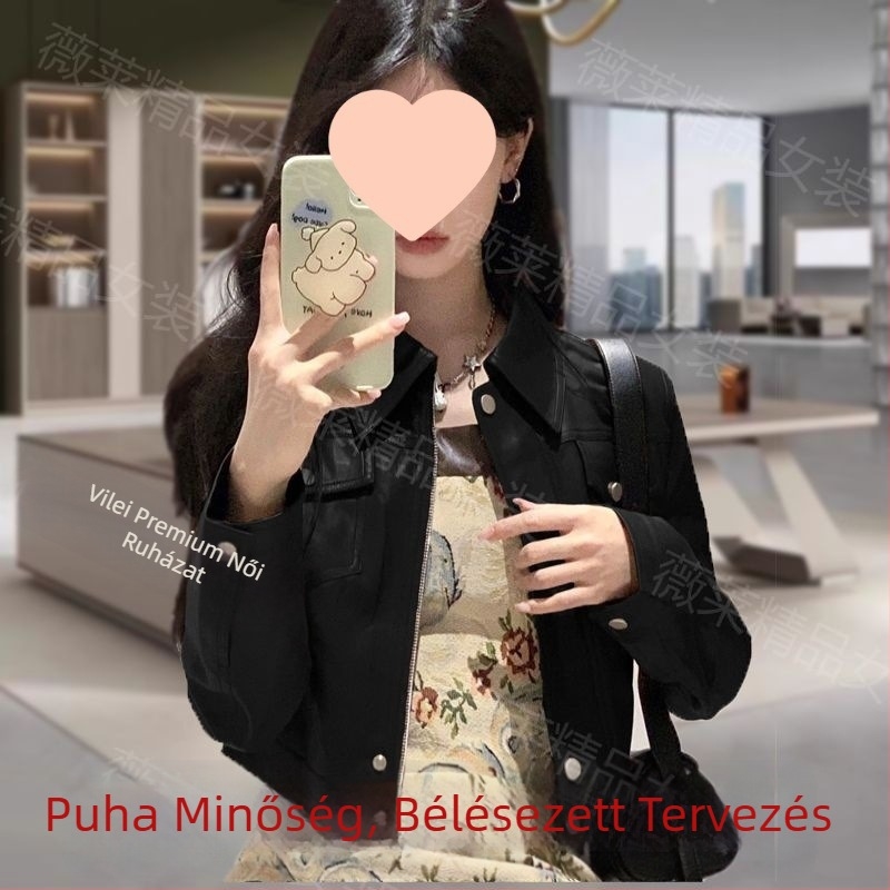 Női amerikai stílusú műbőr dzseki, polo gallérral, előre cipzárral, normál hossz, ujjatlan, laza szabás
