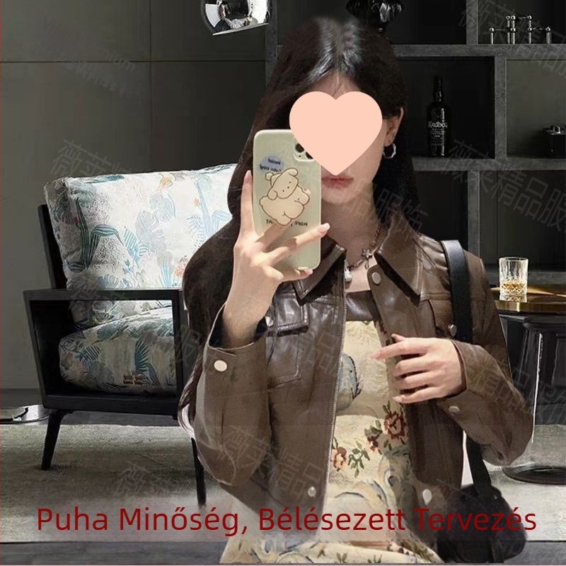 Női amerikai stílusú műbőr dzseki, polo gallérral, előre cipzárral, normál hossz, ujjatlan, laza szabás