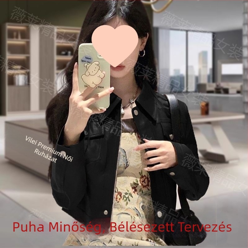 Női amerikai stílusú műbőr dzseki, polo gallérral, előre cipzárral, normál hossz, ujjatlan, laza szabás