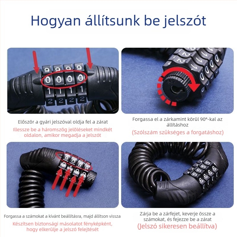 Kerékpárzár négyjegyű jelszóval, hordozható huzalos zár, ABS fej és cink ötvözetű cilinder, 75 g