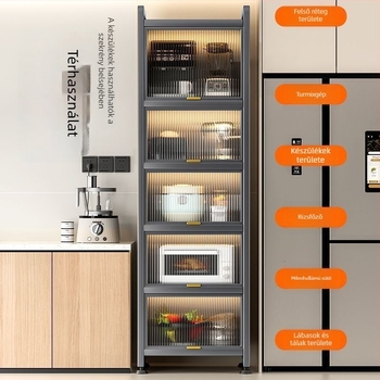 Konyhai keskeny rekesz tároló – padlón álló, többrétegű edény- és mikrohullámú szekrény, mozgatható, szénacélból