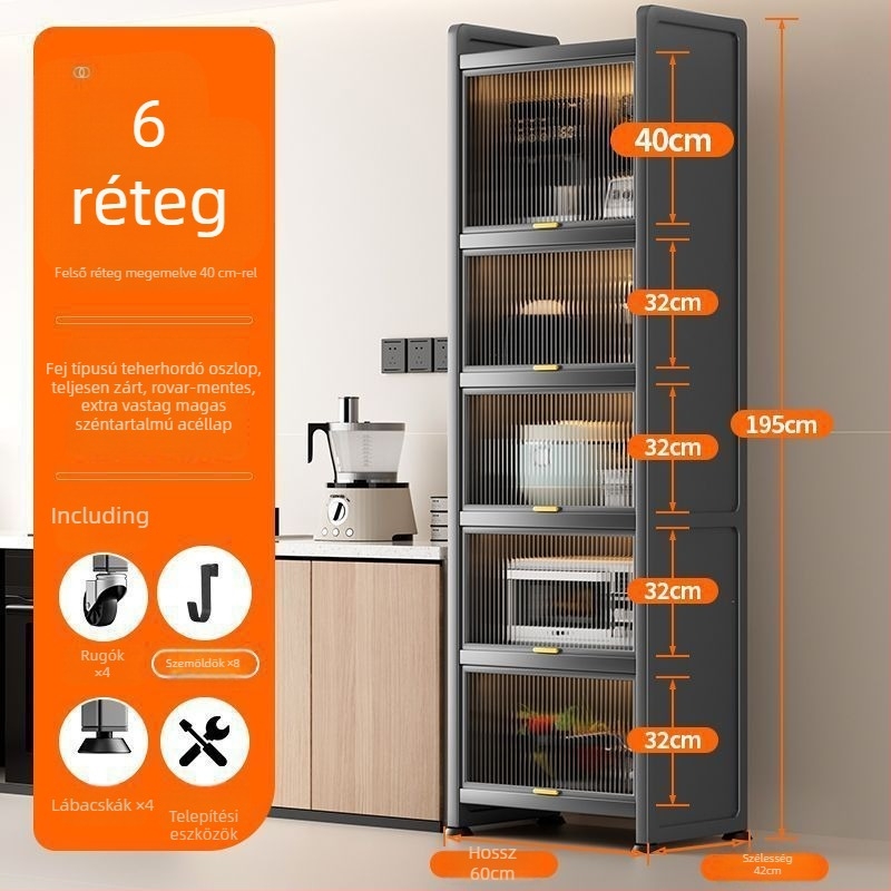 Konyhai keskeny rekesz tároló – padlón álló, többrétegű edény- és mikrohullámú szekrény, mozgatható, szénacélból