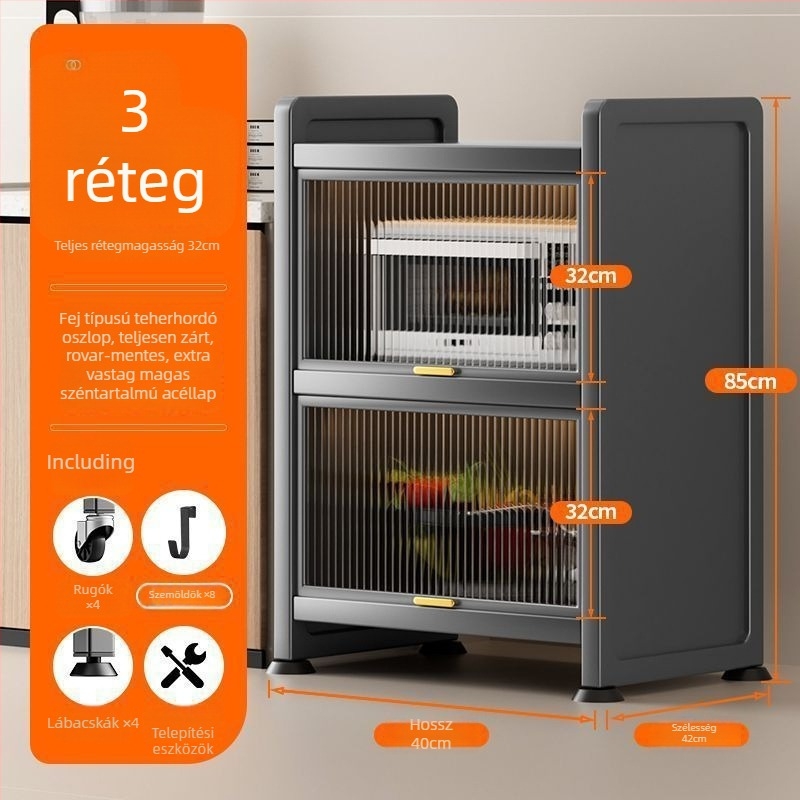 Konyhai keskeny rekesz tároló – padlón álló, többrétegű edény- és mikrohullámú szekrény, mozgatható, szénacélból