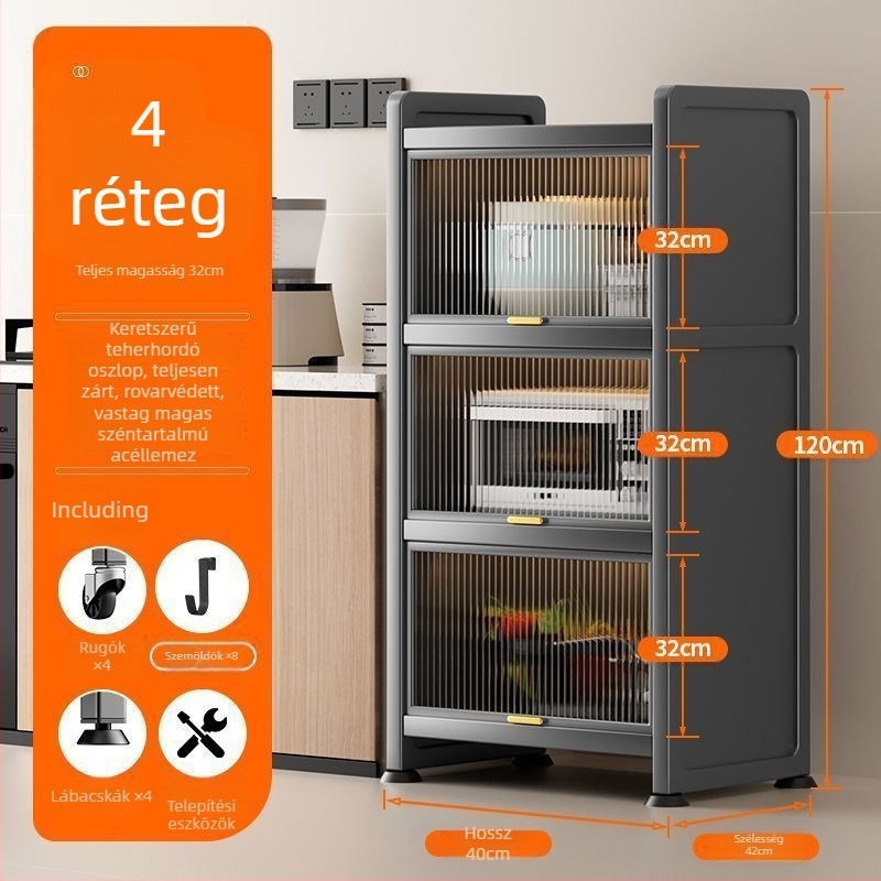 Konyhai keskeny rekesz tároló – padlón álló, többrétegű edény- és mikrohullámú szekrény, mozgatható, szénacélból