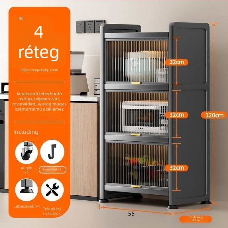 Konyhai keskeny rekesz tároló – padlón álló, többrétegű edény- és mikrohullámú szekrény, mozgatható, szénacélból