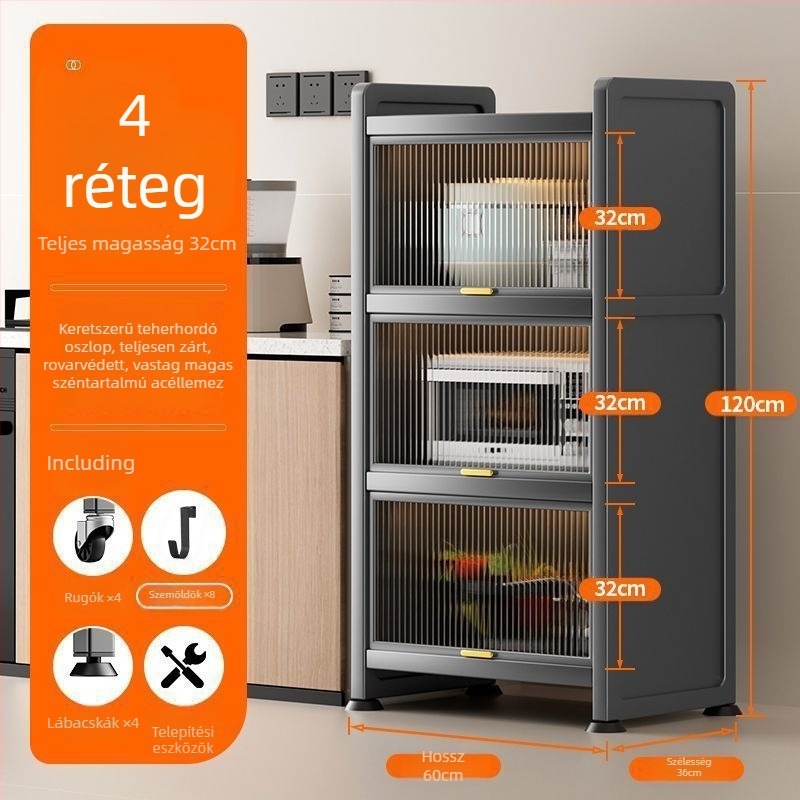 Konyhai keskeny rekesz tároló – padlón álló, többrétegű edény- és mikrohullámú szekrény, mozgatható, szénacélból