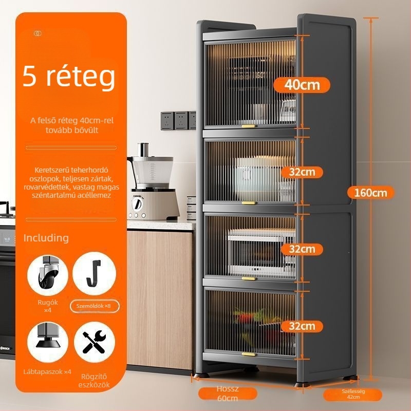 Konyhai keskeny rekesz tároló – padlón álló, többrétegű edény- és mikrohullámú szekrény, mozgatható, szénacélból