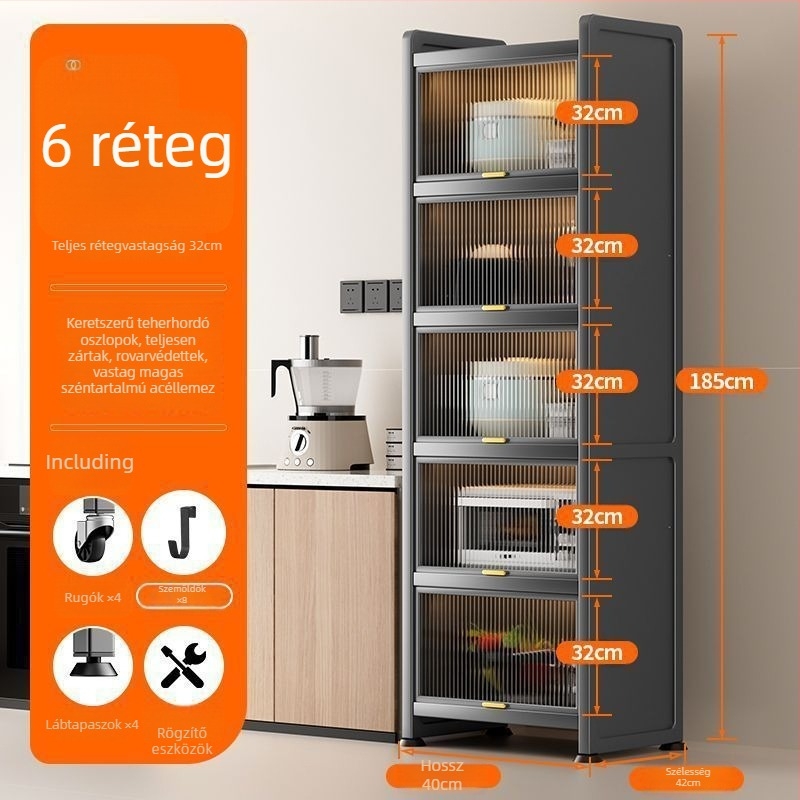 Konyhai keskeny rekesz tároló – padlón álló, többrétegű edény- és mikrohullámú szekrény, mozgatható, szénacélból
