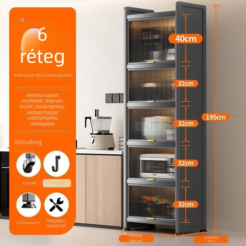 Konyhai keskeny rekesz tároló – padlón álló, többrétegű edény- és mikrohullámú szekrény, mozgatható, szénacélból