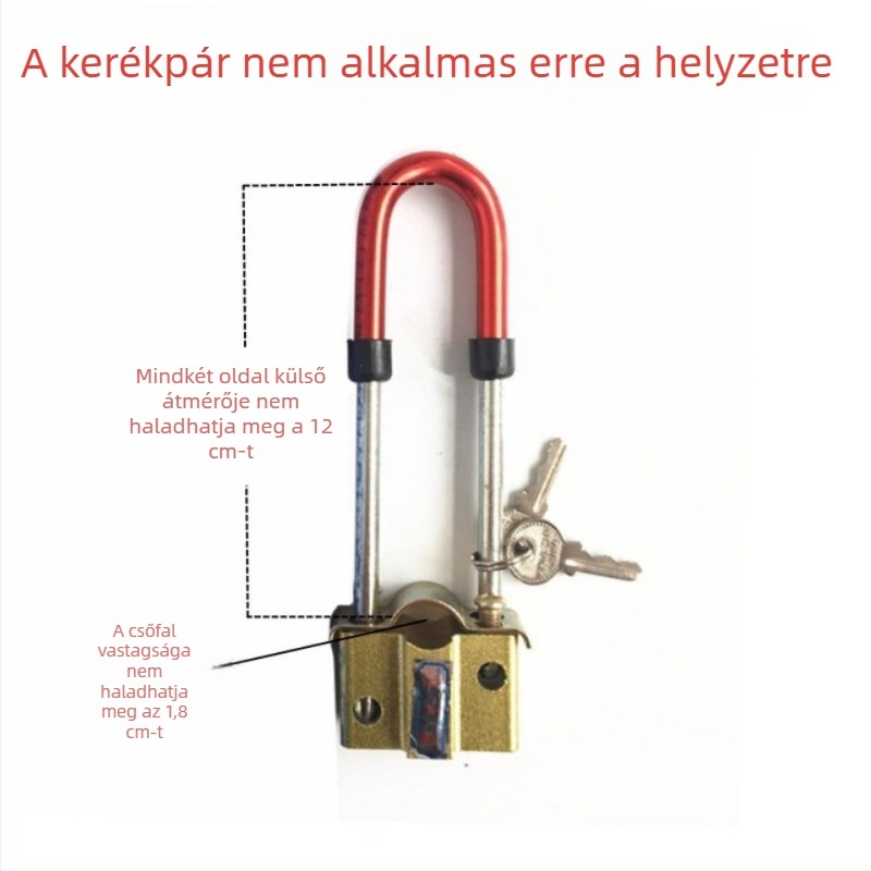Kerékpárzár vastag U-alakú, rögzített telepítés, többkulcsos zár