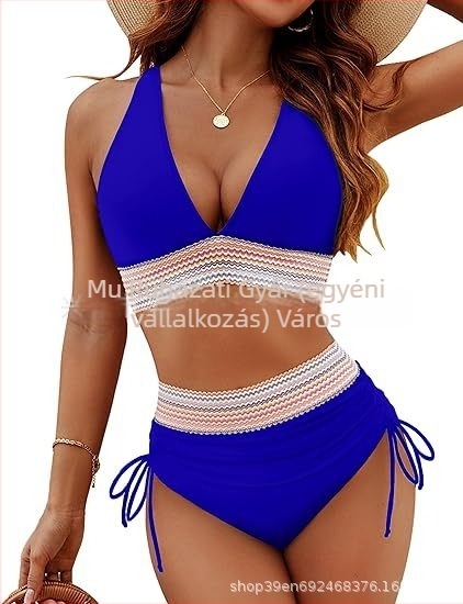 Női magas derekú bikini szett, nyakba kötős (halter), nyitott hátsóval, párnázott toppal, poliészter anyag