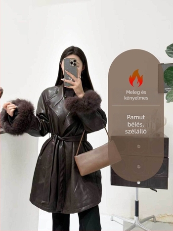 Női műbőr dzseki, hosszú fazon, fél magas gallér, karcsúsított szabás, rejtett gombolás
