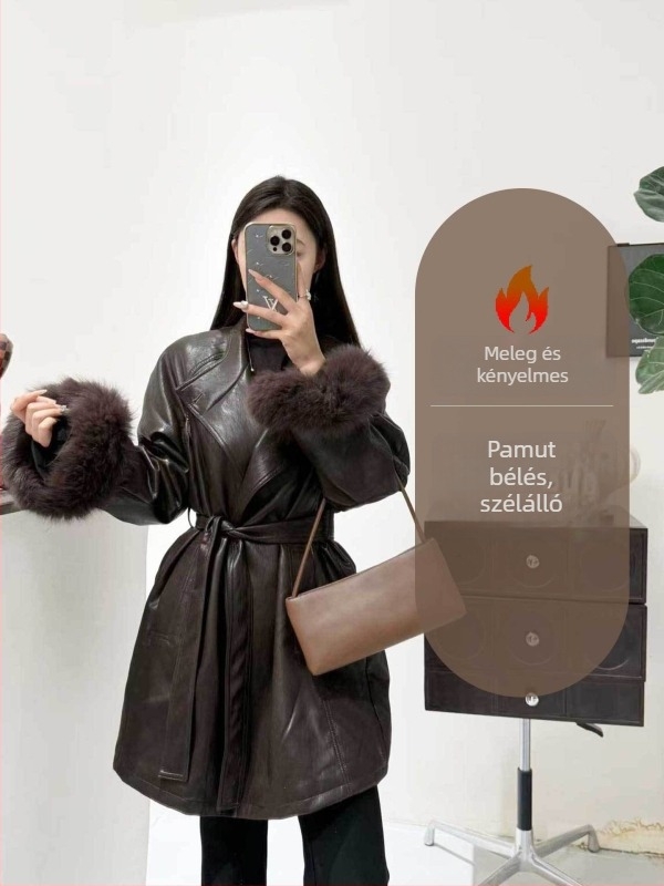 Női műbőr dzseki, hosszú fazon, fél magas gallér, karcsúsított szabás, rejtett gombolás