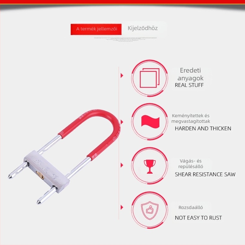 Motorkerékpár U-zár – réz belső henger, vas test, modell 666, tömeg 975 g