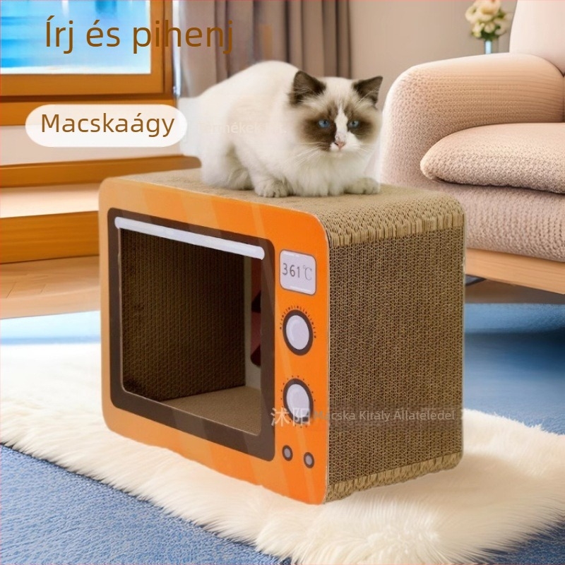 Macska fészek kaparó deszka - hullámkartonból készült, kopásálló, rajzfilmszerű stílus, Cat King márka, 1 doboz