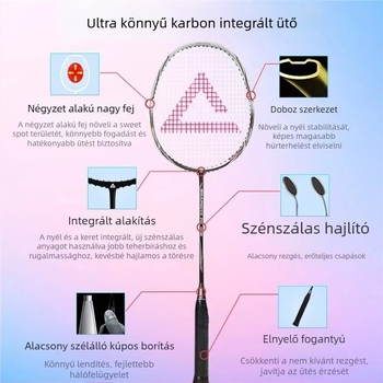 Peak YY42500 tollaslabdaütő, váz szénszálból, súly 90–94 g, egyenes nyél, G1 markolat, tengely merevsége: enyhén kemény
