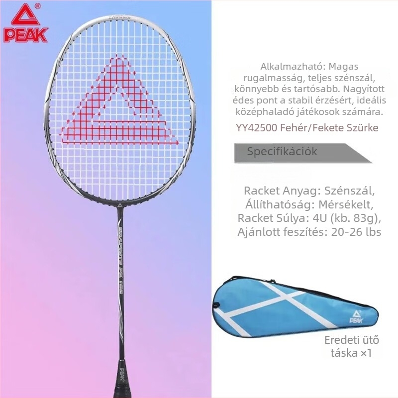 Peak YY42500 tollaslabdaütő, váz szénszálból, súly 90–94 g, egyenes nyél, G1 markolat, tengely merevsége: enyhén kemény