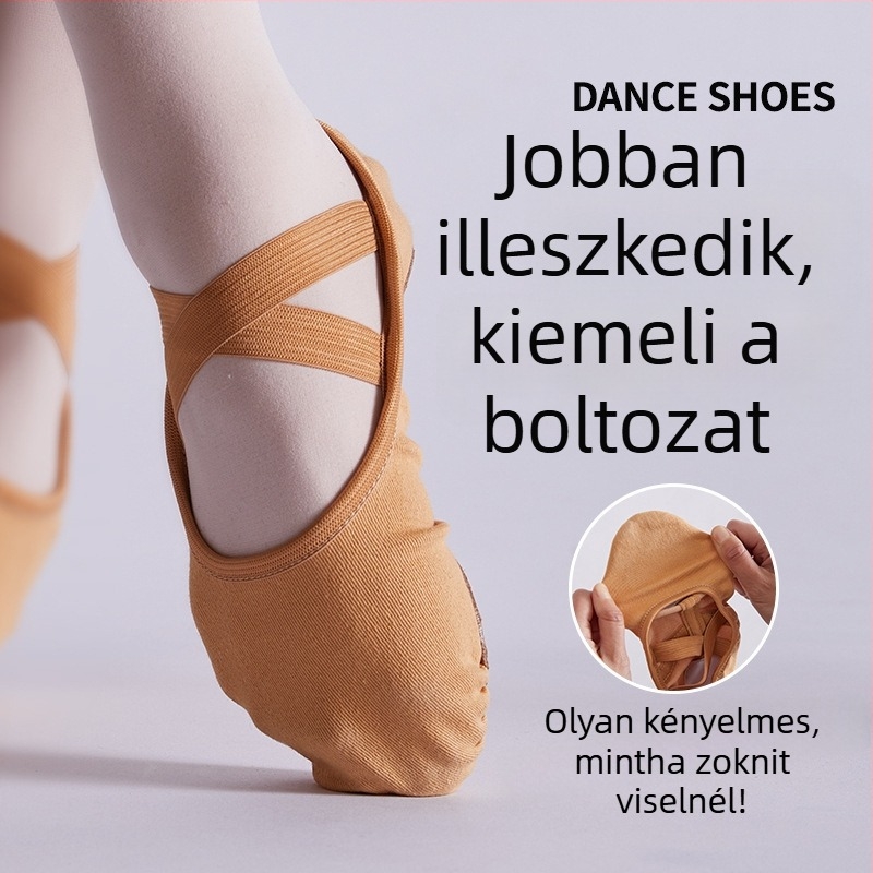 Teljesen elasztikus vászonból készült tánccipő puha talppal balethez és modern tánchoz; légáteresztő, könnyű, kopásálló; talp: tehénbőr