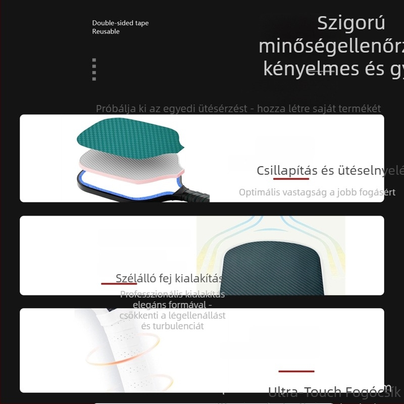 Karbon szálas pickleball ütő, tömeg 95–100 g, fogás G2, nyél keménysége közepes